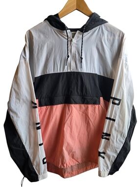 PINK Victoria's Secret White, Coral and Black Half-Zip Hooded Windbreaker